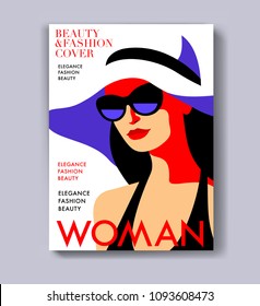 Abstract female character wearing swimsuit, sunglasses and hat. Woman magazine cover design for the summer holiday season. Vector illustration