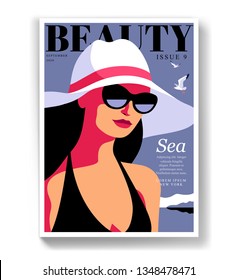 Abstract female character wearing swimsuit, sunglasses and hat. Sea background with gulls. Woman magazine cover design for the summer holiday season. Vector illustration