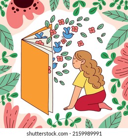 Abstract female characters with books - reading and learning. Vector flat illustration.