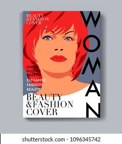 Abstract female close up character with red hair. Woman fashion magazine cover design.  Vector illustration