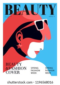 Abstract female close up portrait. Girl in profile wearing sunglasses. Woman fashion magazine cover design.  Vector illustration