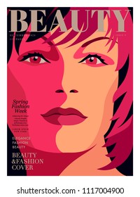 Abstract female close up portrait. Woman fashion magazine cover design.  Vector illustration