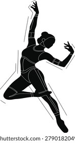 Abstract female dancer silhouette, dynamic contemporary pose, anatomical line art, isolated on white background, elegance, movement, flexibility, balance, fitness illustratio