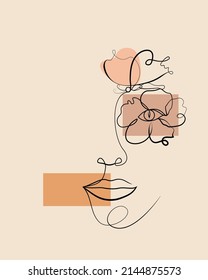 Abstract female face with butterfly and flower composition. One line drawing style. Poster with minimal female face and colored geometric shapes.