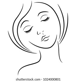 Abstract female face with closed eyes, hand drawing vector outline