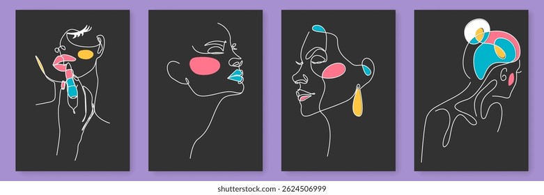 Abstract Female Face Continuous Line Drawing Prints Set. Woman Face, Minimalist Fashion Concept, Female Beauty One Line Art, Vector Illustration. Woman Contemporary Portrait Minimalist Style. Not AI