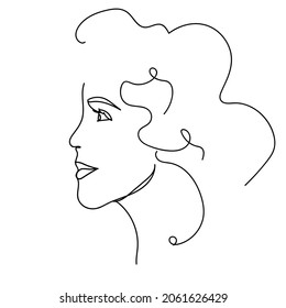 Abstract female face with curly hair drawn with a line. Sketch of a portrait in profile on a white background. Modern minimalistic style.