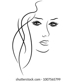 Abstract female face with detailed eyes, hand drawing vector outline over white