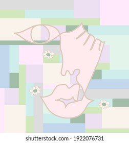 Abstract female face drawn by hand in one line on pastel background. Image is in style of minimalism, primitivism, surrealism. Face line art. Vector illustration.
