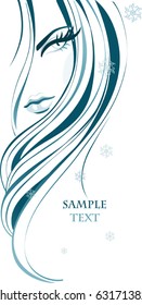 Abstract female face. Fashion girl with long beautiful hair and snowflakes. Vector background for beauty salon design. 