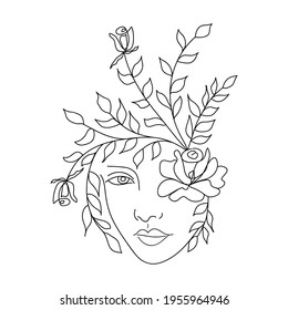 Abstract female face with flowers one line vector drawing. Portrait in a minimal style. Modern trendy print, logo.