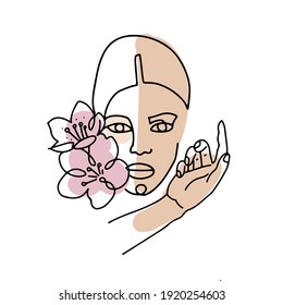 Abstract female face in a linear style. Woman's portrait with hand and flower and abstract colorful stains. Isolated on white. Vector line illustration