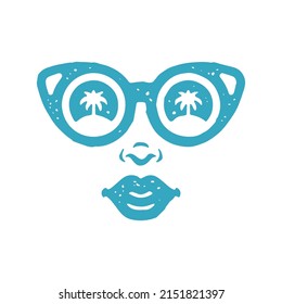 Abstract female face lips mouth and nose wearing fashion sunglasses with reflected palm trees in lens blue grunge texture vector illustration. Glamour woman facial portrait summer travel vacation