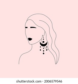 Abstract female face logo. Hand drawn boho feminine art with earring moon shapes. Linear minimal tattoo, vector illustration