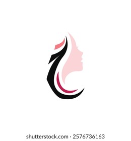 Abstract Female Face Logo with Stylized Hair Flows for Beauty or Fashion Brand - Sophisticated and Stylish Silhouette in Soft Pink Color, Conveying Femininity, Elegance, and Modern Chic Aesthetic.