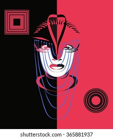 Abstract female face mask in black and red