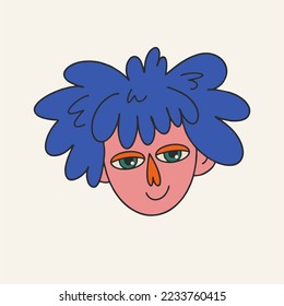 Abstract female face. Modern funky portrait. Fancy female head. Hippies of the 60s and 70s. Weird freehand style. The atmosphere of the sixties and seventies.