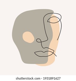 Abstract female face in one line. Modern woman portrait in minimalistic style in pastel gray and pink colors. Vector illustration for poster, decor, sticker.