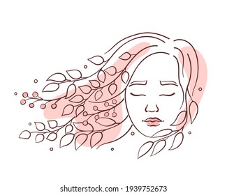 Abstract female face and plant elements in line drawing. Women's modern creative portrait in the style of minimalism. Vector illustration for card, poster, brochure, cover, packaging.