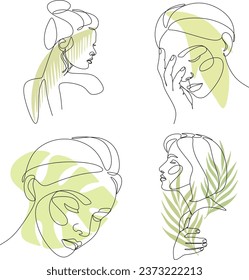 Abstract female face, portrait in minimalism with place for text - design templates for social media stories and bloggers - simple stylish logo for beauty salons. Dawn in one line, sketch style.
