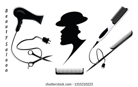 Abstract female face in profile and hairdresser tools - flat style, isolated on white background - vector. Beauty Salon Logo