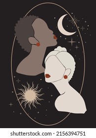 Abstract female face and silhouette shape. Abstract female portrait in pastel colors.