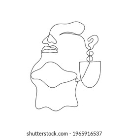 abstract female face with Statement Earring - one closed line drawing. woman's head thrown back with a part of a woman's face (lips, eye closed, nose, neck and chin)