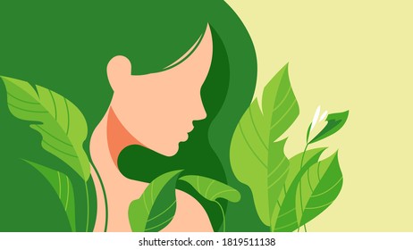 Hermosa chica y plantas. Resumen de la cara femenina rodeada de hojas verdes. El concepto de ecología, naturaleza, planeta y consumo consciente.