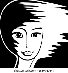 Abstract female face with the wind. Image in black and white colors. Avatar.
