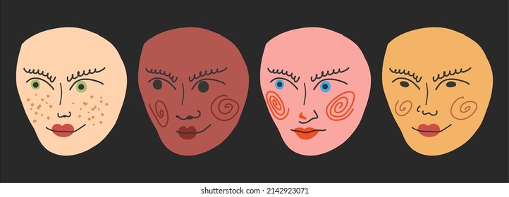 Abstract female faces of different races. Child drawing style, cartoon style, flat design. Hand drawn fashion vector illustration.