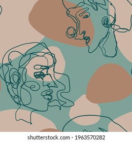Abstract female faces and random shapes. Minimalistic elegant women portraits. Vector seamless pattern. Continuous line art ornament. Modern design for wallpaper, print, textile, fabric, background.