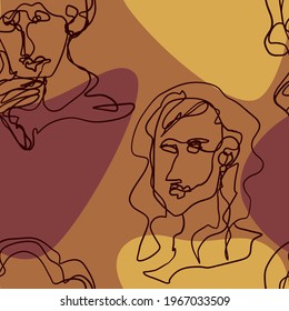 Abstract female faces and random shapes. Minimalistic elegant women portraits. Vector seamless pattern. Continuous line art ornament. Modern design for wallpaper, print, textile, fabric, background.