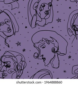 Abstract female faces and stars. Minimalistic elegant women portraits. Vector seamless pattern. Continuous line art ornament. Modern design for wallpapers, prints, textile, fabric, wrap, background.
