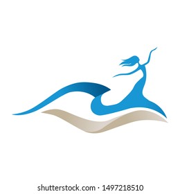 abstract female figure, beach sand and blue water wave, logo icon