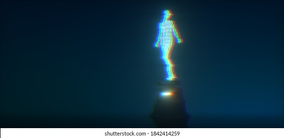 Abstract female figure glowing with neon light on a dark blue background. Abstract glitch background. Cyberpunk concept. Colorful techno backdrop with aesthetics of vaporwave style of 80's.