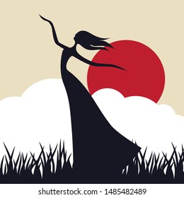 abstract female figure, grass clouds and red sun