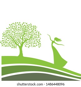 abstract female figure green field and beautiful tree, vector