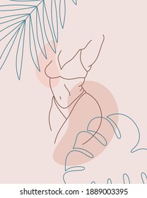 Abstract Female Figure. Plus Size Sexy Body Illustration. Line Art Contour Body Positive Print. Sensual Female Pose. Tropical Monstera And Palm Leaf Decoration. Woman Vector Silhouette.