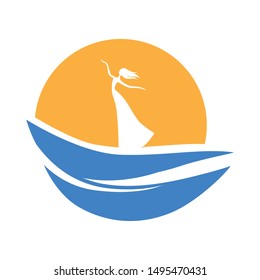 abstract female figure, sun and water waves, vector logo icon 