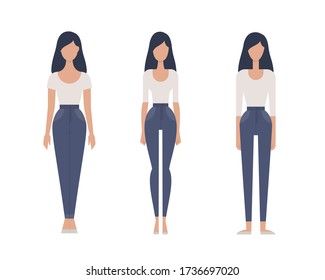Abstract female figures dressed in jeans and shirt. Women standing in full length with no face, front  view. Vector cartoon flat illustration isolated on a white background.