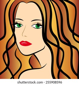 Abstract female half turn portrait with chestnut hair, colorful hand drawing vector artwork