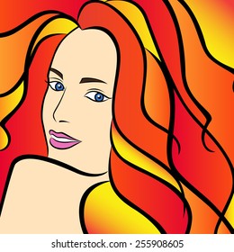Abstract female half turn portrait with fiery hair, colorful bright hand drawing vector artwork