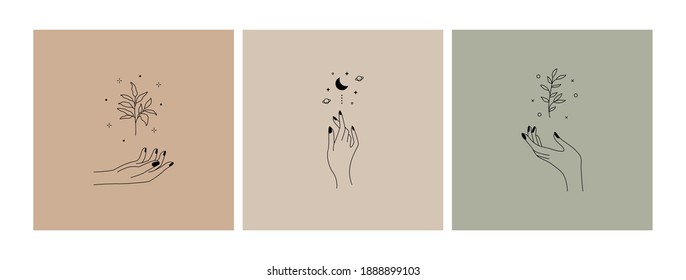 Abstract female hands logo. Hand drawn boho feminine fingers with flower, moon shapes. Linear vector illustration