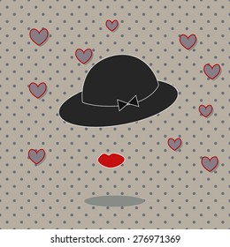 Abstract female icon. Hat and lips on polka dots background. May be used as a signboard or restroom symbol. 