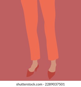 Abstract female legs in orange trousers and red high heeled shoes on bright background. Hand drawn vector art