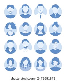 Abstract female and male faceless portraits, avatars or anonymous profiles. Set of woman and man abstract face icons in blue colors. Vector illustration