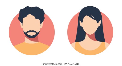 Abstract female and male faceless portraits, avatars or anonymous profiles. Woman and man face icons. Vector illustration