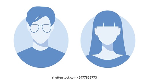 Abstract female and male faceless portraits, avatars or anonymous profiles. Woman and man abstract icons. Vector illustration