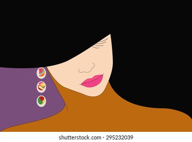 Abstract female pattern women (model) in a brown dress and black hat, earring and pink lipstick, purple background, beauty and fashion shopping, color vector prints