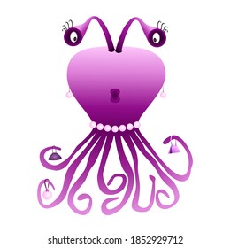 Abstract  female pink octopus cartoon with accessories.